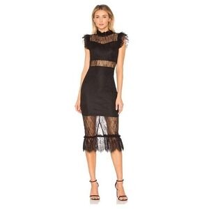 VICI x Gina | Black Lace Midi Dress High Neck Flutter Sleeve Sheer Hem | Size L